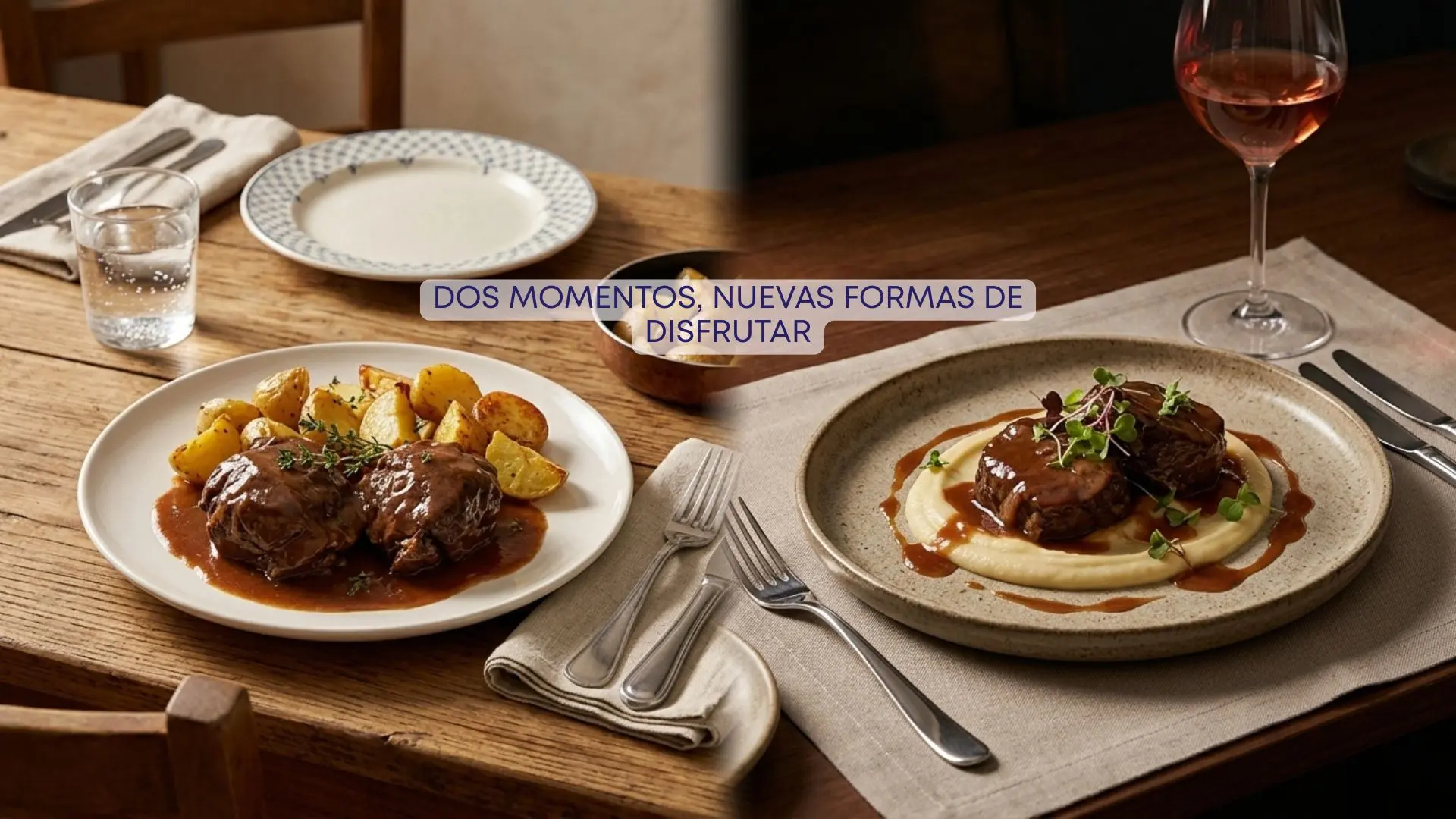Mesa con carrilleras de ternera presentadas como plato tradicional y elaboración gourmet
